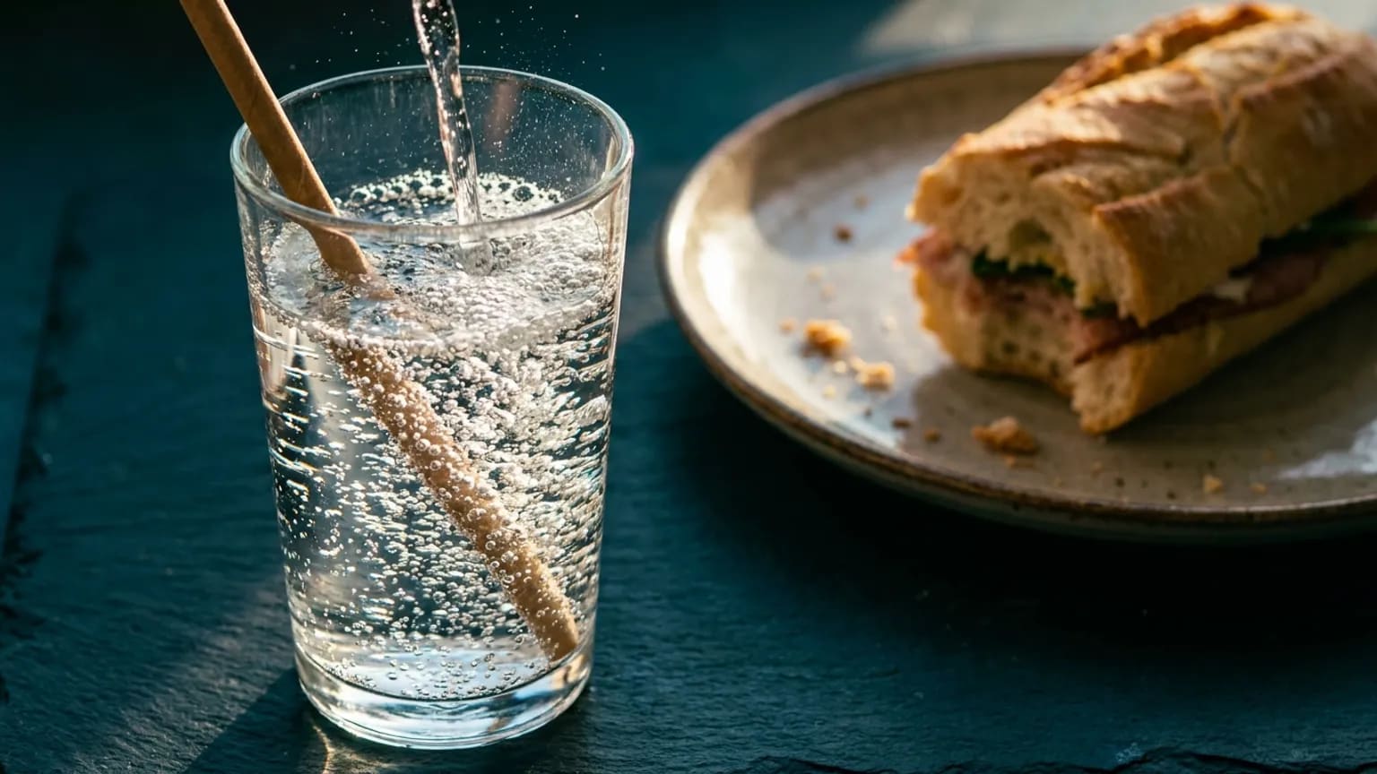 Vysoká sklenice perlivé vody s bublinkami a plátkem limetky, vedle brčko, rozkrojený grapefruit, jahody a mátové listy na bílém mramoru