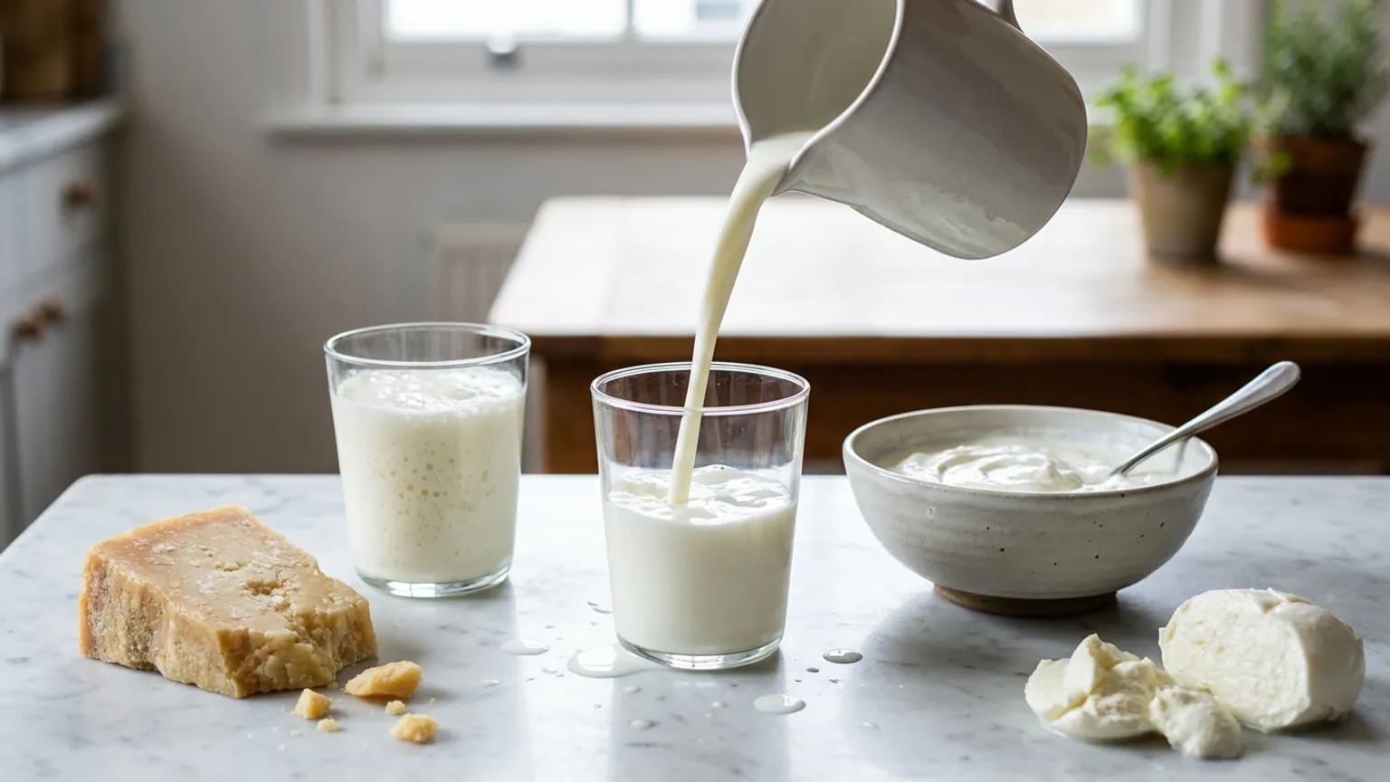Skleněná karafa mléka, bílý jogurt v keramické misce, klín zralého sýra a kefír na modrém kameni, vedle sytě modré borůvky a rozpůlené fíky